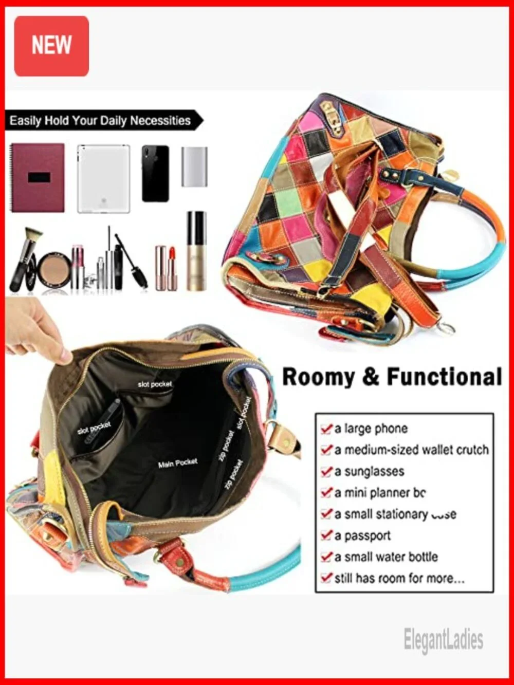 Genuine Leather Hobo Tote Bag with 8 Pockets, Adjustable Strap, Travel Purse